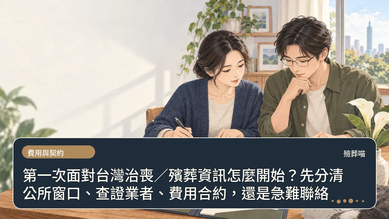 第一次面對台灣治喪/殯葬資訊怎麼開始?先分清公所窗口、查證業者、費用合約,還是急難聯絡主題插畫