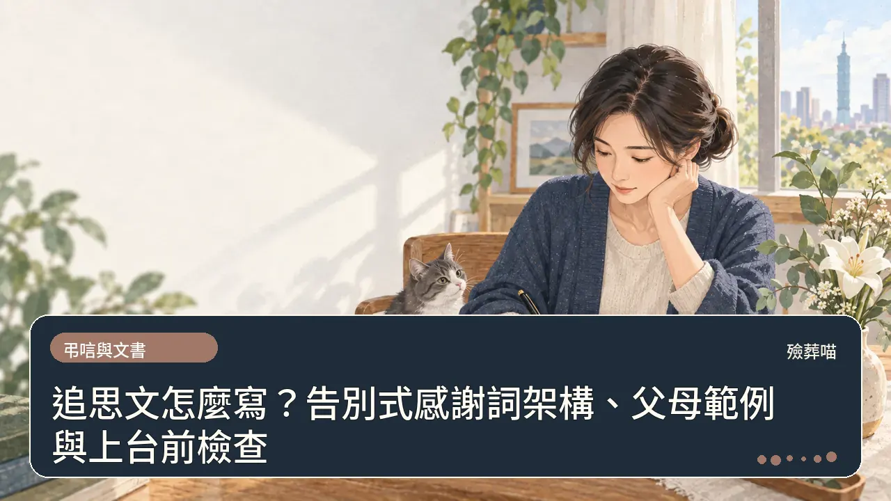 追思文怎麼寫？告別式感謝詞架構、父母範例與上台前檢查主題插畫