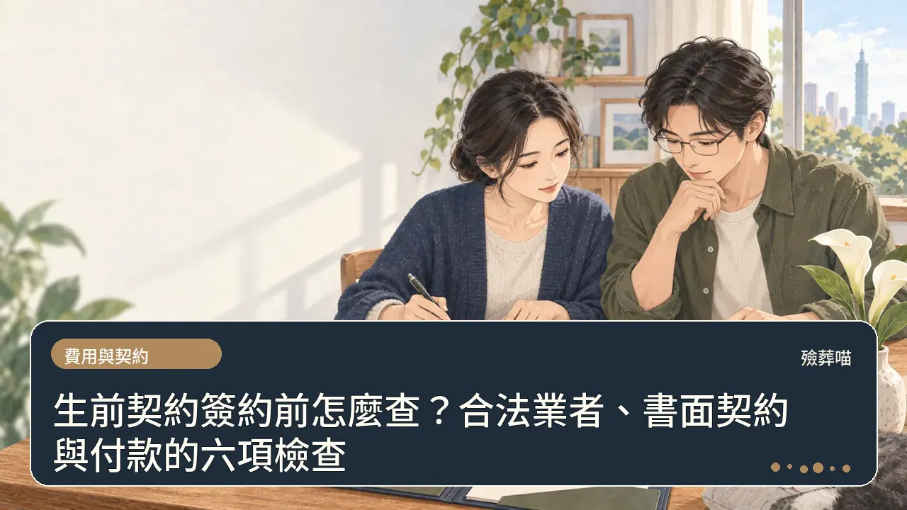 生前契約簽約前怎麼查？合法業者、書面契約與付款的六項檢查主題插畫